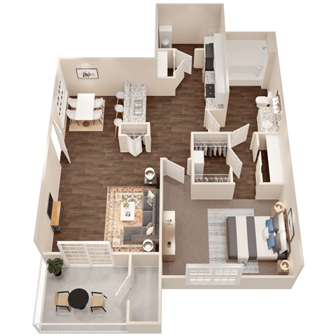 A top-down view of a house interior with a living room, dining area, kitchen, and bedrooms.
